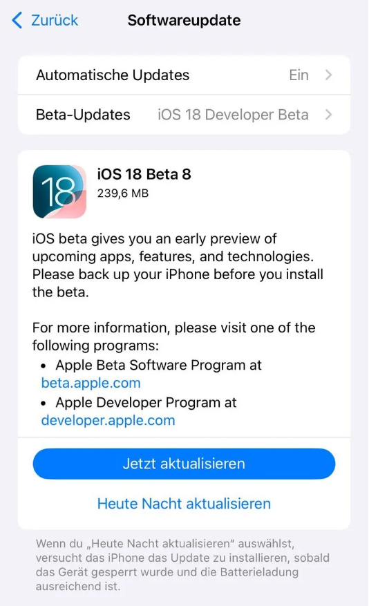 滨海苹果手机维修分享苹果 iOS / iPadOS 18 开发者预览版 Beta 8 发布 